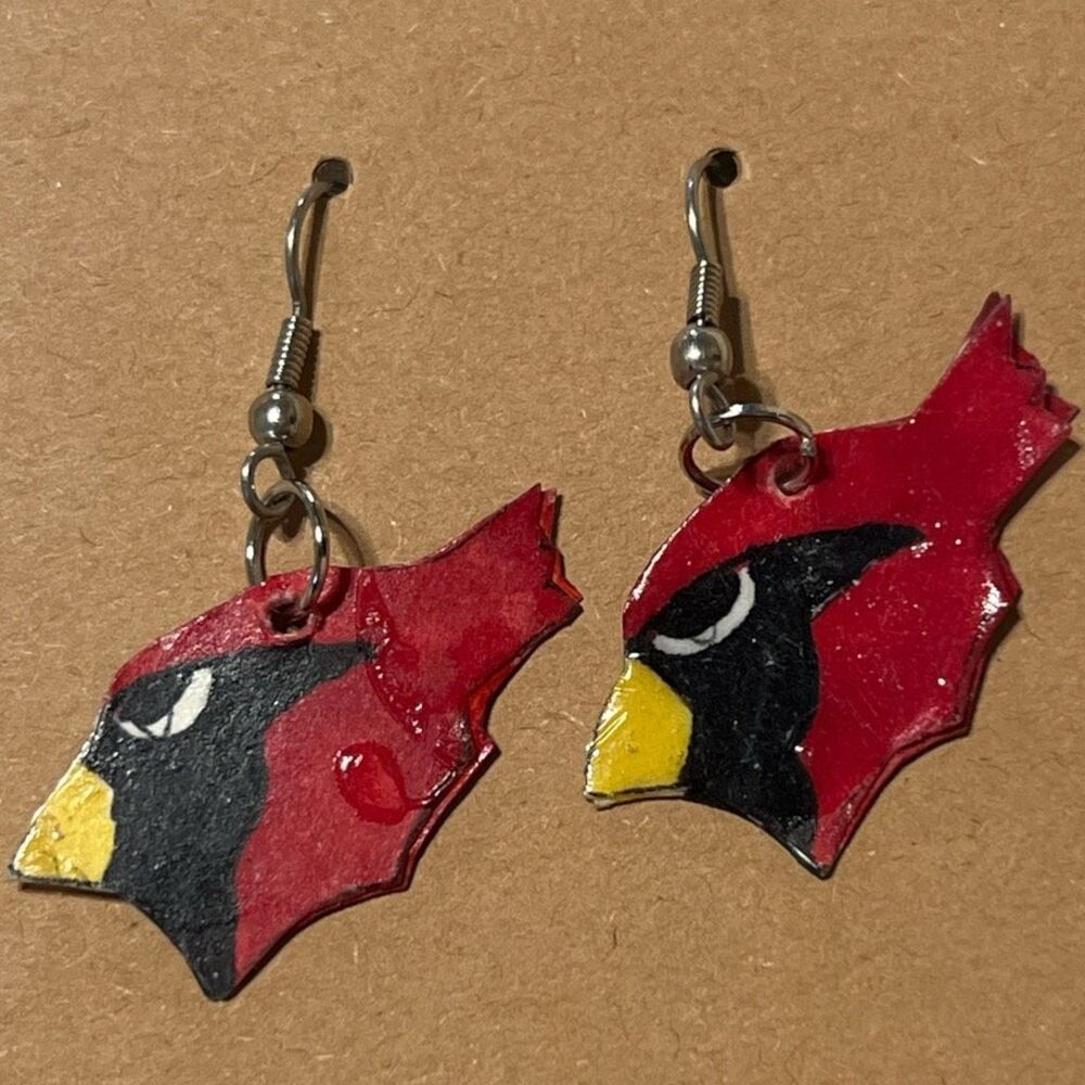 Vintage Hand Painted Cardinal Bird Dangle Earrings Papier Mache Style